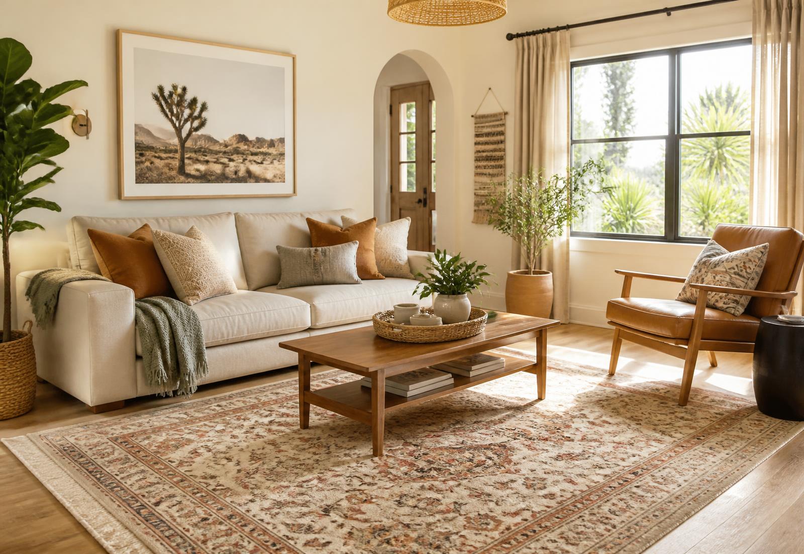 Sunlit short-term rental living room with a large patterned area rug